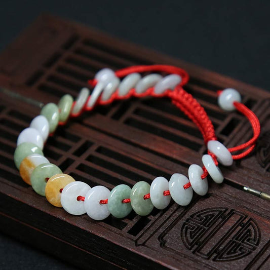 Ancient Tibetan Buddhist Red String Tradition  Round Jade Lucky Red String Weave Bracelet