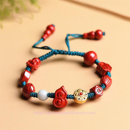 Spirituelles Armband aus natürlichem Zinnoberkürbis mit Om Mani Padme Hum und Segensbotschaft des lachenden Buddha