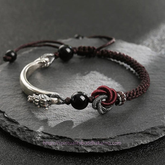 Ancient Tibetan Buddhist Red String Tradition  925 Sterling Silver Auspicious Dragon Success Handcrafted Braided Bracelet