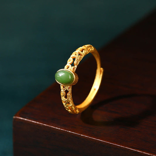 Bague ajustable en jade cyan à motif nuageux porte-bonheur
