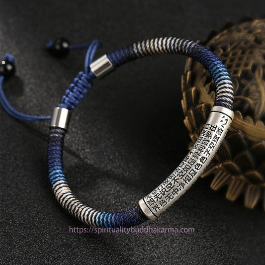 Antikes tibetisch-buddhistisches Armband mit roter Schnur, handgefertigt aus 999er Sterlingsilber, Herz-Sutra, beruhigendes Motiv.