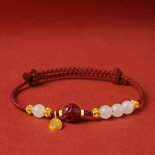 Jade-Armband, 24 Karat vergoldet, Hetian-Weißjade, Zinnober, Lotus-Glücksseil 