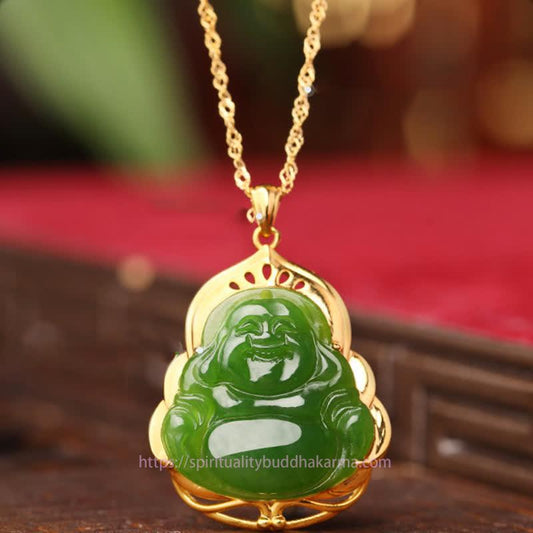 Buddha-Energie-Halskette aus 925er Sterlingsilber, natürlichem Hetian-Cyan-Jade, lachender Buddha, 18-karätiger Goldanhänger