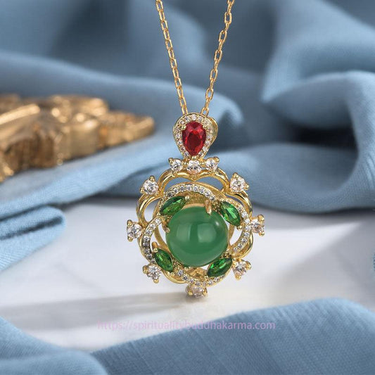 Jade  Cyan Jade Red Crystal Luck Necklace
