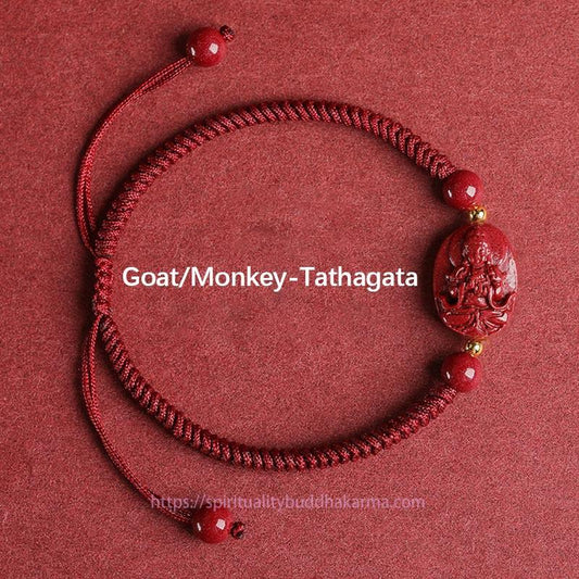 Bracelet en corde rouge, symbole de la tradition bouddhiste tibétaine ancienne, inspiré du zodiaque chinois, représentant le Bouddha natal et le cinabre, censé éloigner les mauvais esprits. 