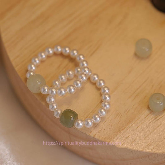 Bague porte-bonheur en perles de jade rondes et perles de jade