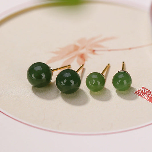 Jade  925 Sterling Silver Round Cyan Jade Healing Calm Stud Earrings