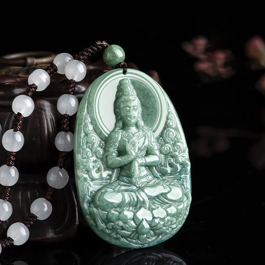 Collier pendentif amulette en jade naturel Avalokiteshvara, symbole de richesse. 