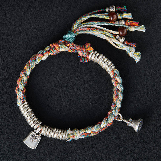 Altes tibetisch-buddhistisches Armband mit roter Schnur, handgefertigt aus 925er Sterlingsilber, zum Schutz, mehrsträngig 