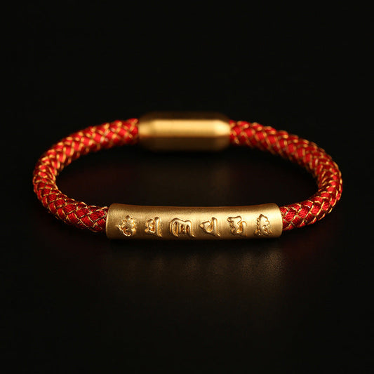 Antikes tibetisch-buddhistisches Armband mit roter Schnur, handgefertigt aus 999er Sterlingsilber, mit Om-Mani-Padme-Humbug-Motiv, Drachenschuppenmuster, geflochtenem Magnetverschluss. 