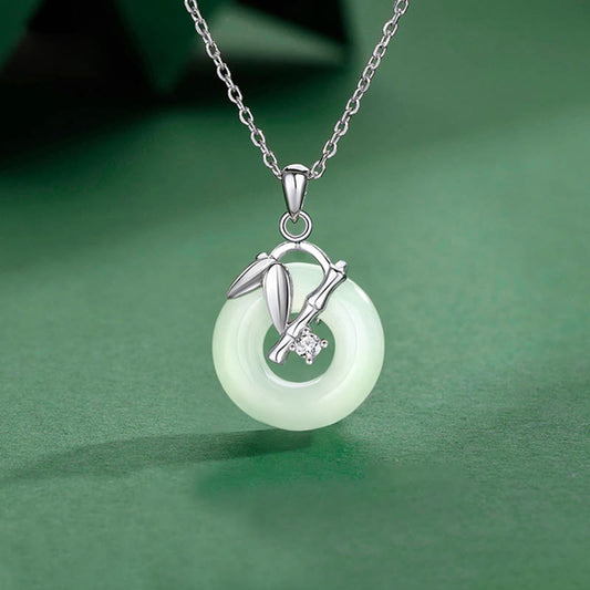 Jade  925 Sterling Silver Hetian Jade Bamboo Leaf Peace Buckle Prosperity Necklace Pendant