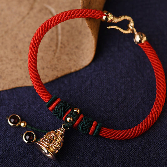 Ancient Tibetan Buddhist Red String Tradition  14K Gold Plated Copper Coin Bell Garnet Handcrafted Red Rope Bracelet