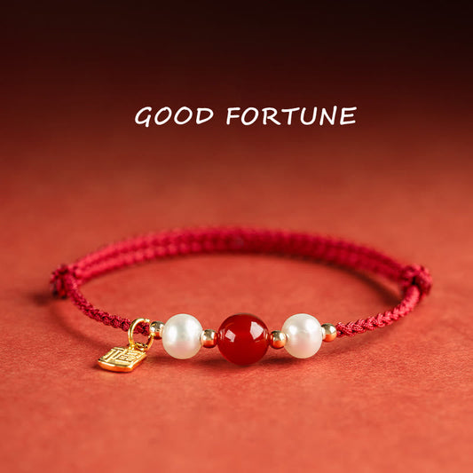 Ancient Tibetan Buddhist Red String Tradition  925 Sterling Silver Good Fortune Fu Character Agate Pearl Red String Braid Bracelet