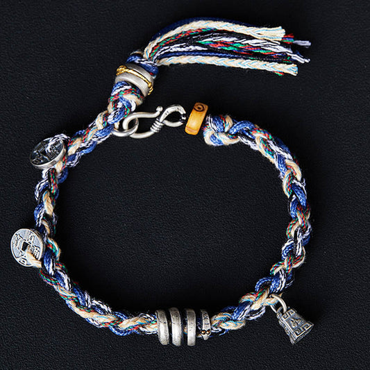 Antikes tibetisch-buddhistisches Armband mit rotem Faden, handgefertigt aus 925er Sterlingsilber mit Münz- und Waage-Anhänger – ein Segensarmband 