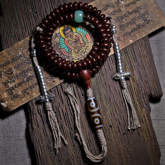 Bracelet Mala de 108 perles de spiritualité, de Bouddha et de karma, en cuivre naturel du Tibet, avec graines de Bodhi violettes, perles Dzi à trois yeux et dorje en cuivre.