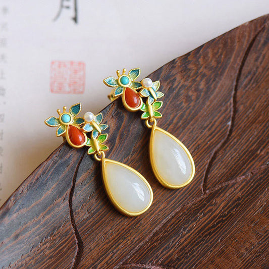 Jade  Water Drop White Jade Red Agate Butterfly Protection Drop Dangle Earrings