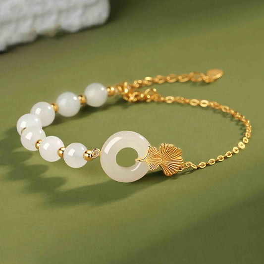 Jade  925 Sterling Silver Hetian White Jade Peace Buckle Ginkgo Leaf Luck Bracelet