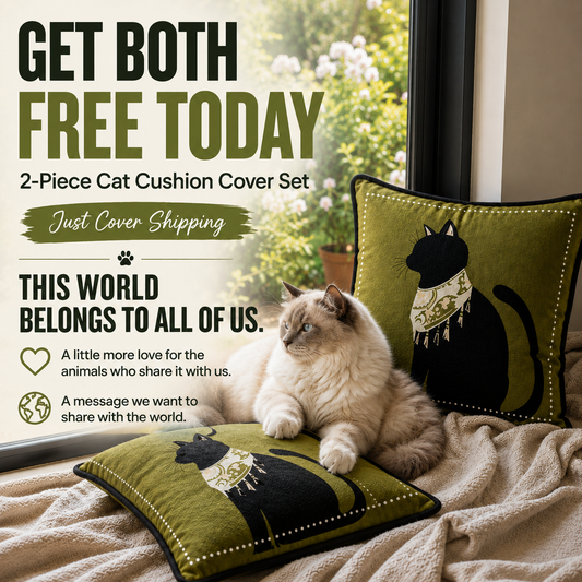 FREE 2-Piece Black Cat Cushion Cover Set – Vintage Olive Green Home Decor