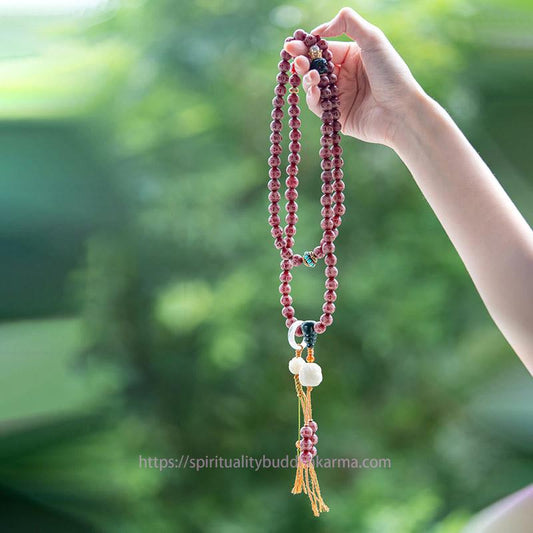 Spiritualität Buddha Karma Roter Bodhi-Samen Om Mani Padme Hum Lotus Graviertes Harmonie-Armband 
