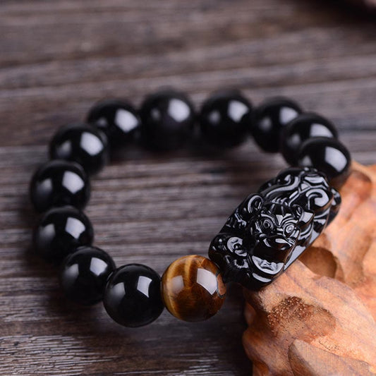 Spiritualität Buddha Karma Natürlicher Schwarzer Obsidian PiXiu Tigerauge Stärke Armband