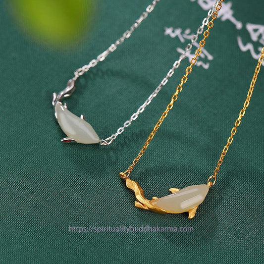 Jade  925 Sterling Silver White Jade Dolphin Luck Necklace Pendant