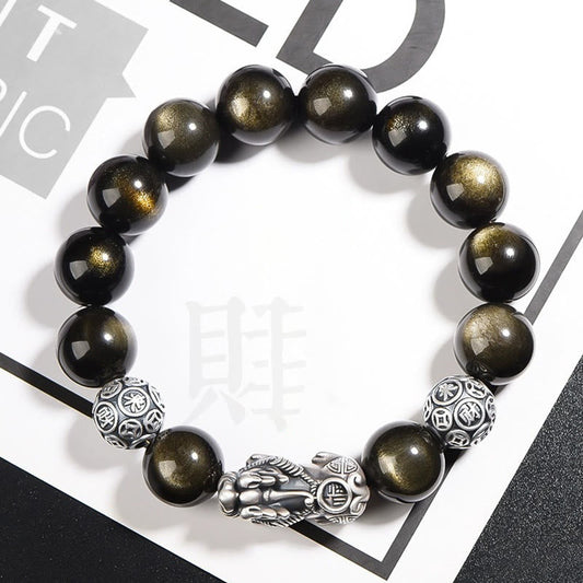 Spiritualität Buddha Karma 925 Sterling Silber Natürlicher Goldglanz Obsidian PiXiu Armband zum Schutz vor Reichtum