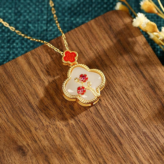 Jade  24K Gold Plated White Jade Four Leaf Clover Plum Blossom Luck Necklace Pendant Earrings
