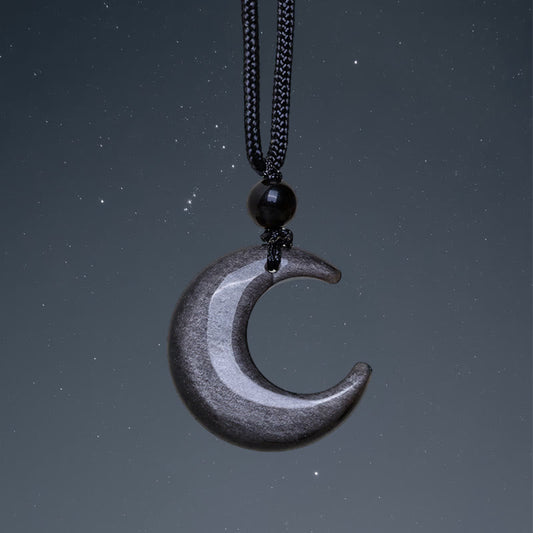 Spirituality Buddha Karma Natural Silver Sheen Obsidian Selenite Crystal Crescent Moon Yin Yang Couple Protection Necklace Pendant