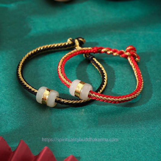 Ancient Tibetan Buddhist Red String Tradition  999 Gold Hetian White Jade Om Mani Padme Hum Fu Character Luck Braided Bracelet