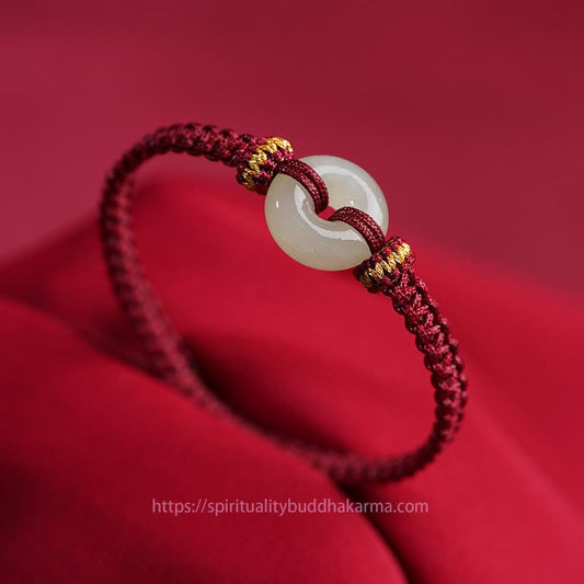 Ancient Tibetan Buddhist Red String Tradition  Peace Buckle Jade Abundance Braided Bracelet