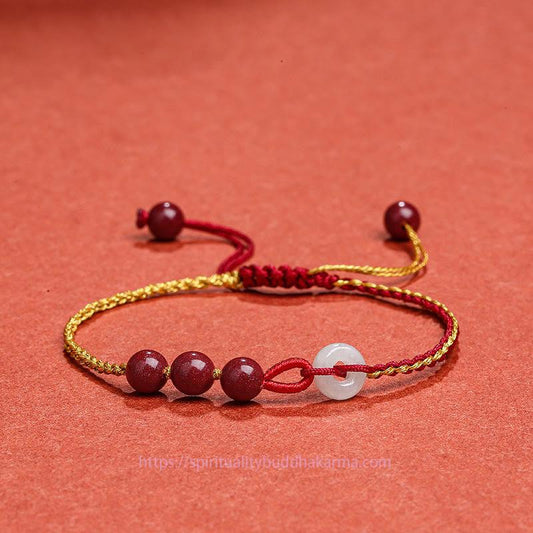 Antikes tibetisch-buddhistisches Armband mit roter Schnur und natürlicher Zinnoberjade-Friedensschnalle 