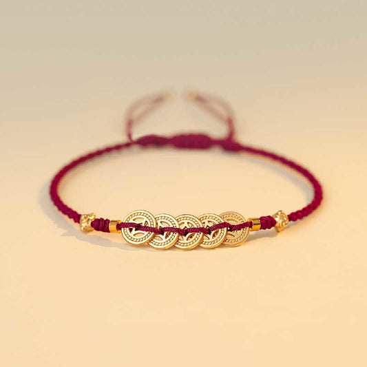 Ancient Tibetan Buddhist Red String Tradition  Copper Coin Fortune Tree Luck Strength Braided Bracelet