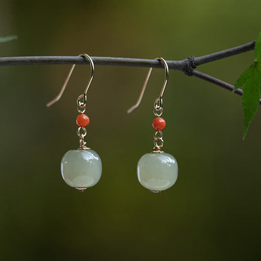 Boucles d'oreilles pendantes porte-bonheur en jade Hetian, argent sterling 925 plaqué or 14 carats et agate rouge Hetian 