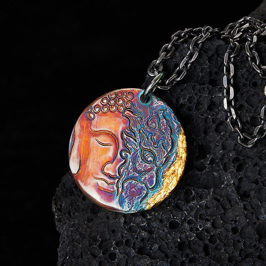 Buddha-Energie-Halskette, Anhänger aus 999er Sterlingsilber und 24-karätigem Gold, halb Dämon, halb Buddha, Symbol des Mitgefühls