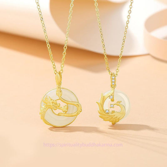 Jade  925 Sterling Silver Year of the Dragon Hetian Jade Golden Dragon Phoenix Peace Buckle Luck Necklace Pendant