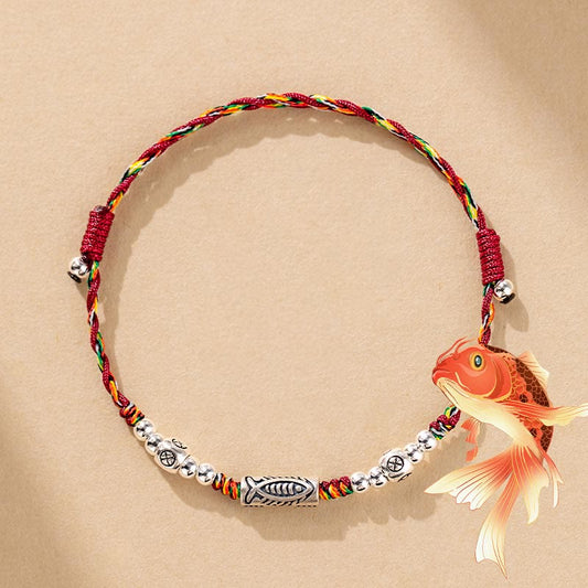 Antike tibetisch-buddhistische Tradition: Armband/Fußkettchen aus 925er Sterlingsilber mit Koi-Symbol und geflochtenem Muster 