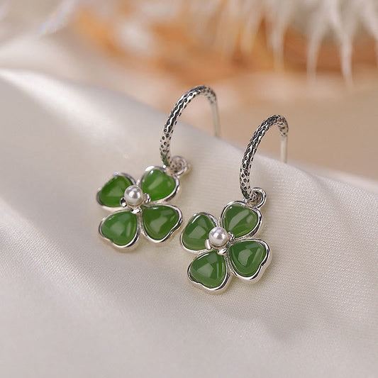 Jade  925 Sterling Silver Natural Cyan Jade Four Leaf Clover Luck Success Earrings