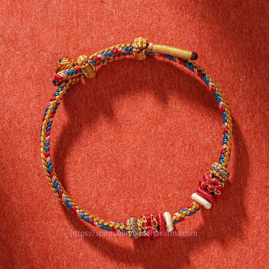 Altes tibetisch-buddhistisches Armband aus rotem Garn, handgefertigt nach Dunhuang-Farben, Glücksbringer-Flechtmuster