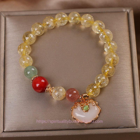 Armband mit goldenem Energie-Citrin, natürlichem Reichtum, Solarplexus-Chakra (drittes Chakra), weißem Jade und Erdbeerquarz zum Schutz