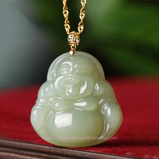 Buddha-Energie-Halskette, Anhänger aus 925er Sterlingsilber, lachender Buddha aus cyanfarbenem Jade und 18-karätigem Gold