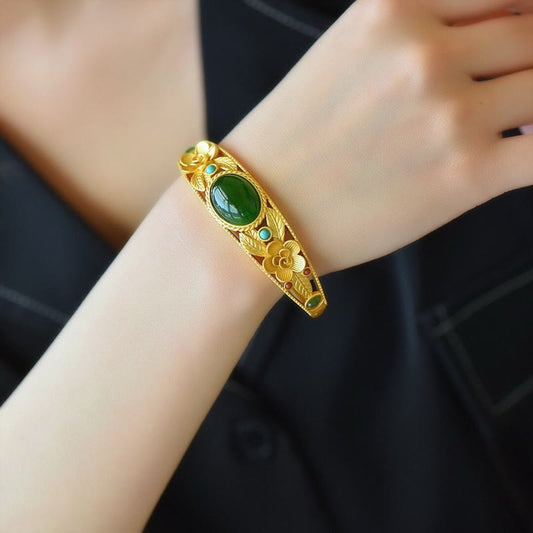Jade  Cyan Jade White Jade Flower Leaf Harmony Luck Bracelet Bangle