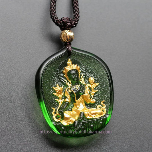 Collier d'énergie de Bouddha, pendentif en cristal Liuli vert tibétain Tara Bouddha plaqué or, orné d'un pendentif de protection.