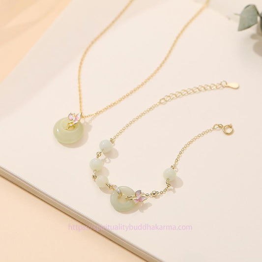 Jade  925 Sterling Silver Natural Hetian Jade Peace Buckle Orchid Luck Bracelet Necklace Pendant Set