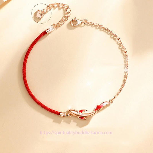 Ancient Tibetan Buddhist Red String Tradition  925 Sterling Silver Luck Koi Fish Lotus Star Braided Red String Bracelet