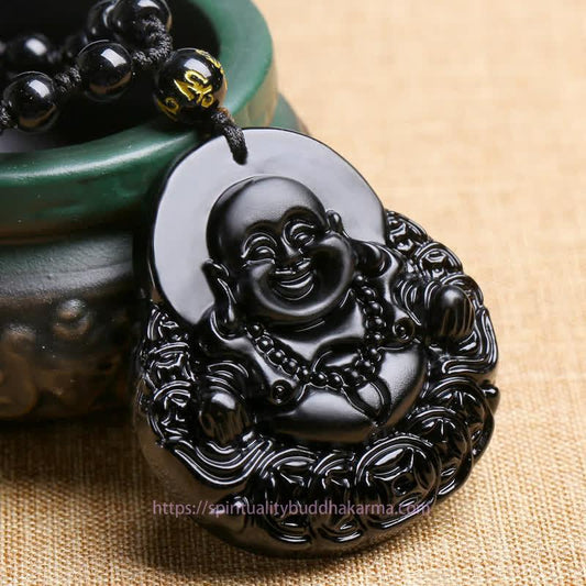 Buddha Energy Necklace Laughing Buddha Black Obsidian Strength Protection Pendant Necklace