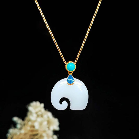 Jade  White Jade Elephant Luck Fortune Necklace Pendant