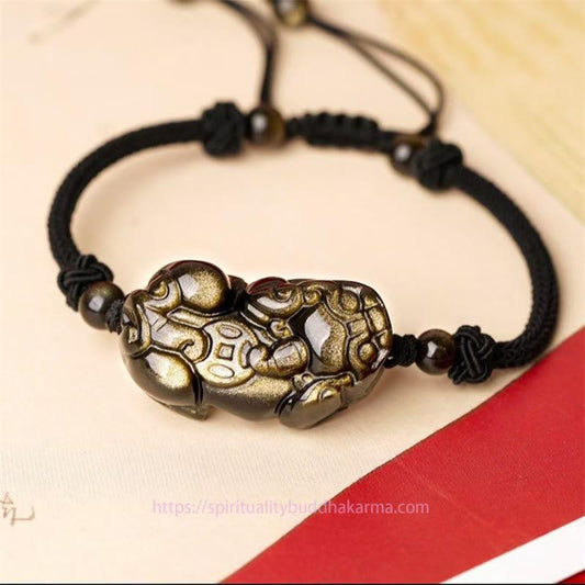 Golden Energy Citrine Natural Obsidian Amethyst Wealth Solar Plexus Chakra (Third Chakra) PiXiu Cooper Coin Wealth Bracelet