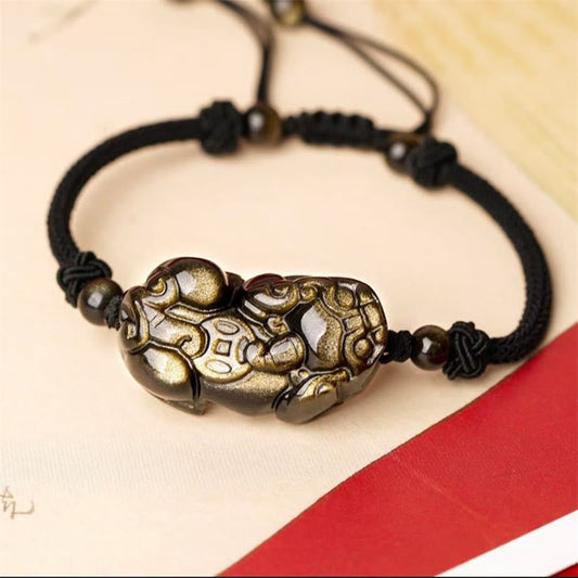 Bracelet de richesse PiXiu en cuivre, symbole de spiritualité, de bouddhisme et de karma, en obsidienne naturelle, améthyste et citrine.