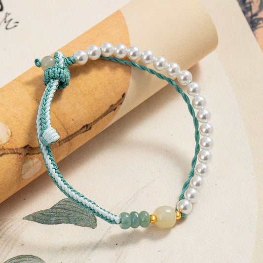 Ancient Tibetan Buddhist Red String Tradition  925 Sterling Silver Hetian Jade Braided Rope Pearl Abundance Bracelet