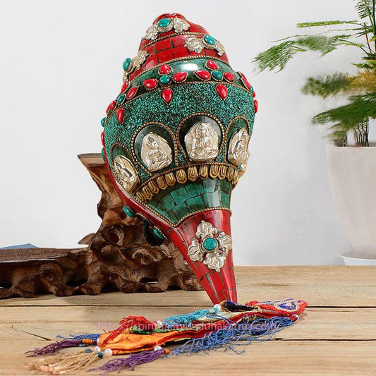 Spiritualität tibetische handgemachte Shankha Om Mani Padme Hum Buddha Avalokitesvara Türkis Muschel Muschel positive Dekoration
